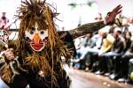 Alan Hunt, Grouse, 2020. Western Red Cedar, acrylic, feathers and found materials. Still: Atlakim ‘Dance of the Forest Spirits’ ceremony, St Cecilia's Hall, 2020. Image courtesy Talbot Rice Gallery, The University of Edinburgh.