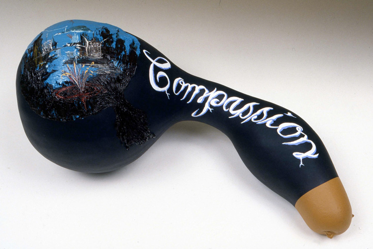 Lari Pittman, Compassion (Memento Mori), 1985. Acrylic and oil on gourd, 8 ½ × 18 ½ × 9 in (21.6 × 47 × 22.9 cm). Collection of Andrew Schwartz, Los Angeles. © Lari Pittman, courtesy of Regen Projects, Los Angeles.