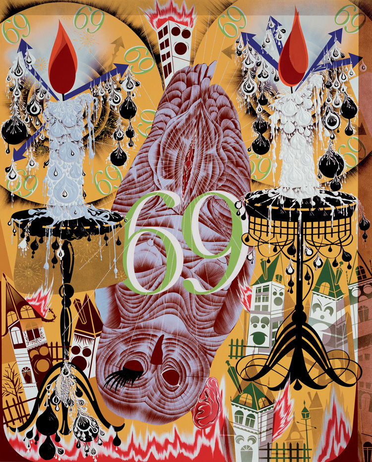 Lari Pittman, Transfigurative and Needy, 1991. Acrylic and enamel on mahogany, 82 x 66 in (208.3 x 167.6 cm). Collection of Gary and Tracy Mezzatesta. © Lari Pittman, courtesy of Regen Projects, Los Angeles.