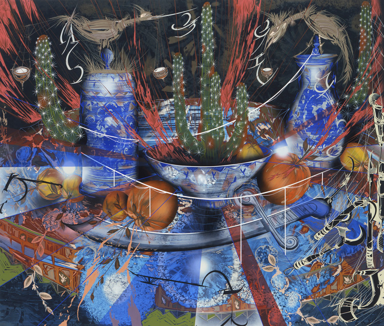 Lari Pittman, Untitled #8 (The Dining Room), 2005. Cel-Vinyl, acrylic, and alkyd on gessoed canvas over wood, 86 × 102 in (218.4 × 259.1 cm). Collection of Christen Sveaas. © Lari Pittman, courtesy of Regen Projects, Los Angeles.