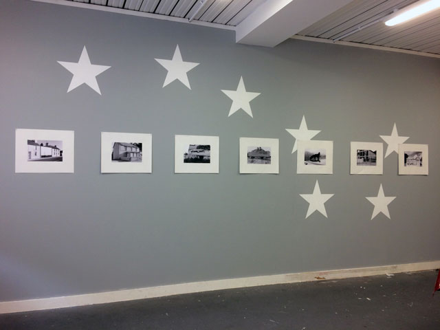 Roger Palmer. Following the Starry Plough, studio work-in-progress, 2019. Silver gelatin photographs, emulsion paint, 272 x 580 cm.