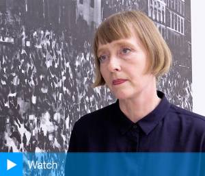 Joy Gerrard talking to Studio International at the opening of Protest and Remembrance, Alan Cristea Gallery, London. Photo: Martin Kennedy.