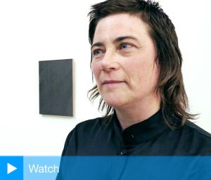 Mary Griffiths talking to Studio International at the opening of Protest and Remembrance, Alan Cristea Gallery, London. Photo: Martin Kennedy.