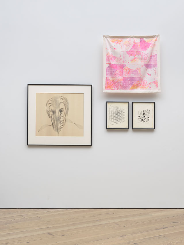 Installation view of Programmed: Rules, Codes, and Choreographies in Art, 1965-2018 (Whitney Museum of American Art, New York, September 28, 2018-April 14, 2019). From left to right, top to bottom: Charles Csuri, Sine Curve Man, 1967; Joan Truckenbrod, Curvilinear Perspective, 1979; Joan Truckenbrod, Coded Algorithmic Drawing (#9), 1975; Joan Truckenbrod, Coded Algorithmic Drawing (#45), 1975. Photograph: Ron Amstutz.