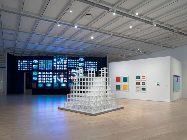 Installation view of Programmed: Rules, Codes, and Choreographies in Art, 1965-2018 (Whitney Museum of American Art, New York, September 28, 2018-April 14, 2019). Foreground: Sol LeWitt, Five Towers, 1986. Photograph: Ron Amstutz.