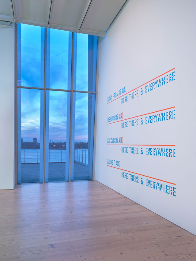 Lawrence Weiner. HERE THERE & EVERYWHERE, 1989 (installation view, Programmed: Rules, Codes, and Choreographies in Art, 1965-2018, Whitney Museum of American Art, New York, September 28, 2018-April 14, 2019). Language + the materials referred to, dimensions variable. Whitney Museum of American Art, New York; purchase with funds from the Contemporary Painting and Sculpture Committee 94.136. © Lawrence Weiner/Artists Rights Society (ARS), New York. Photograph: Ron Amstutz.