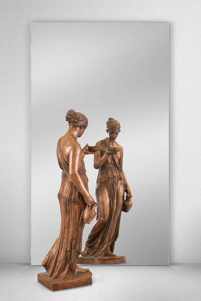 Michelangelo Pistoletto. Dono di Mercurio allo Specchio (Mercury’s Gift to the Mirror), 1971. Bronze and glass. Sculpture: 146 x 44 x 56 cm (57 1/2 x 17 3/8 x 22 1/8 in); Mirror: 230 x 130 x 2.5 cm (90 1/2 x 51 x 1/8 x 1 in). Courtesy Mazzoleni.