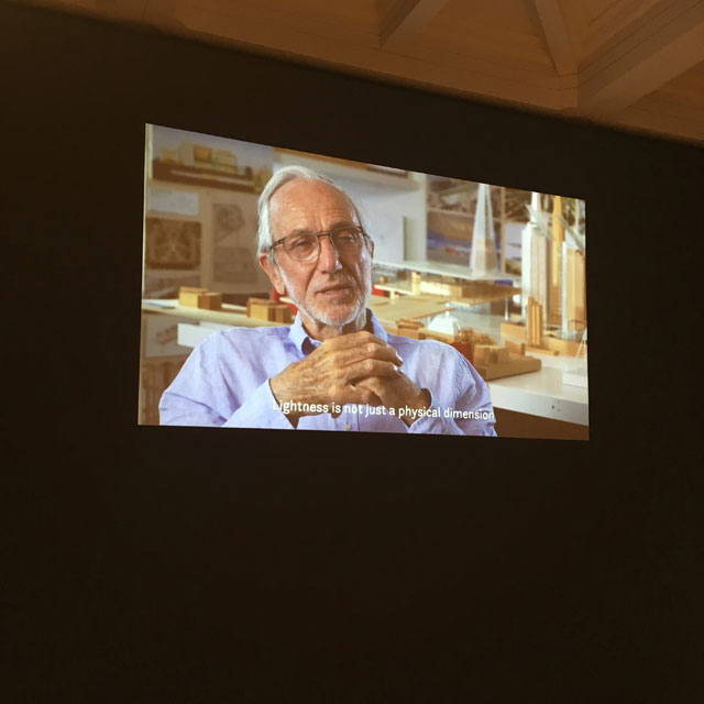 Film of interview with Renzo Piano, installation view, Renzo Piano: The Art of Making Buildings, Royal Academy of Arts, London. Photo: Veronica Simpson.