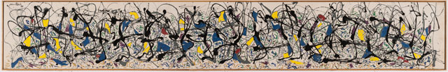 Jackson Pollock. Summertime: Number 9A, 1948. Oil paint, enamel paint and commercial paint on canvas, support: 84.8 x 555 cm; frame: 88.5 x 5590 x 73 cm. © Tate, London 2018.