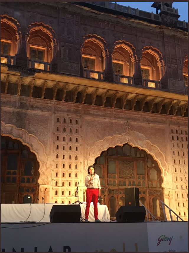 Sarah Singh in front of the Qila Mubarak palace-fort.