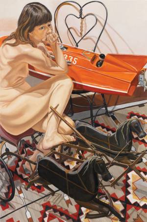 Philip Pearlstein. Model with Speedboat and Kiddie Car Harness Racer, 2010. Oil on canvas, 72 x 48 in (182.88 x 121.92 cm). © the artist.