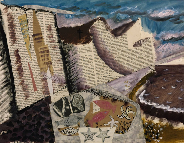 John Piper. Beach with Starfish, c1933-4. Gouache, printed paper and ink on paper, 38 x 48.5 cm. Tate. Presented by Lady (Charlotte) Bonham Carter 1988. © The Piper Estate.