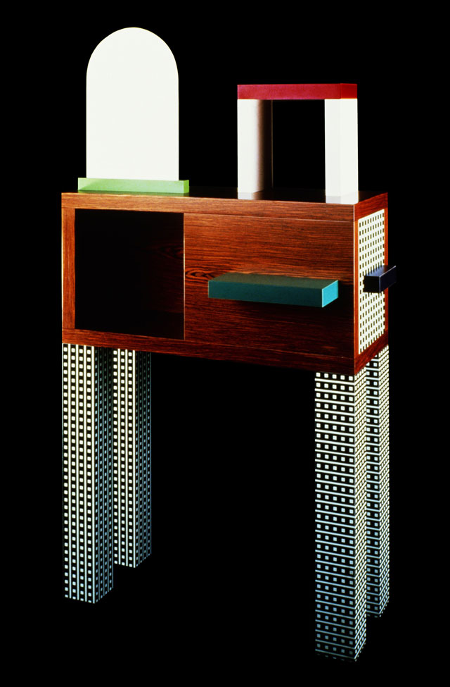 Nathalie Du Pasquier. Emerald, 1985. Sideboard in wood, plastic laminate and mirror. Courtesy Keith Johnson + Celia Morrissette (NYC) and the Institute of Contemporary Art at the University of Pennsylvania. Photograph: Roberto Gennari.