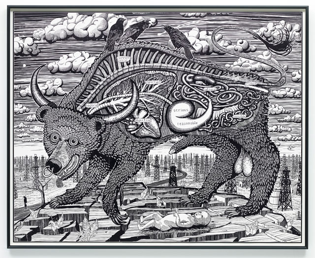 Grayson Perry. Animal Spirit, 2016. Woodcut printed, Heritage White. Courtesy the Artist, Paragon Press and Victoria Miro, London. Photograph: Stephen White © Grayson Perry.