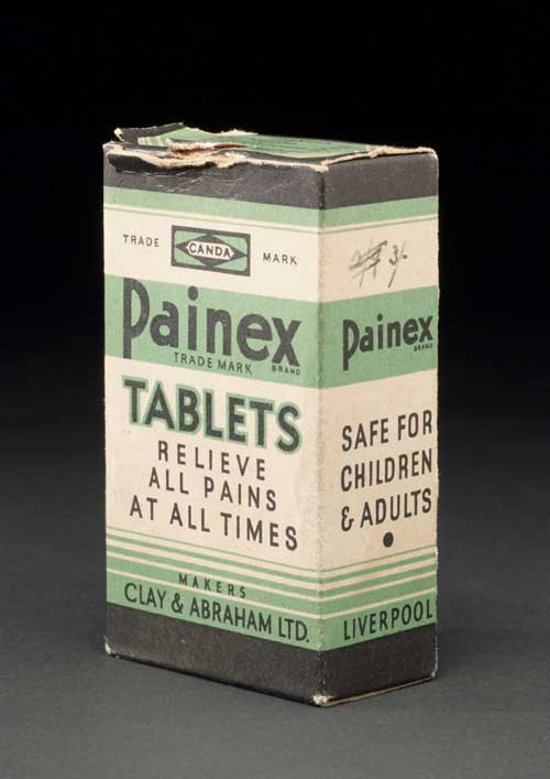 Bottle in box of Painex tablets by Clay and Abraham Ltd. English, 1930-1960. 
        The Science Museum 