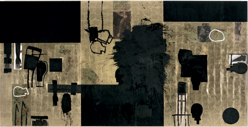 Mimmo Paladino, 
        <em>Un treno per Dulcinea</em>, 2005. 

Mixed media on gold leaf on board (triptych), 118 1/8 x 236 1/4 in/300 x 600 cm. © The artist, courtesy Waddington Galleries, London. 