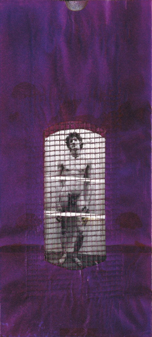 Robert Mapplethorpe. Untitled (Self-Portrait), 1971. Dye diffusion transfer print (Polaroid) collage with painted potato sack 
17 x 7-3/4 in. Collection Pérez Art Museum Miami, promised gift of Charles Cowles.