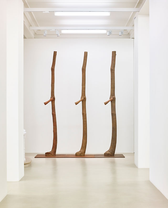 Giuseppe Penone, Trattenere 6, 8, 12 anni di crescita (Continuerà a crescere tranne che in quel punto), 2004-2016. Three elements; bronze, each 350 x 60 x 60 cm. Courtesy of Marian Goodman Gallery.