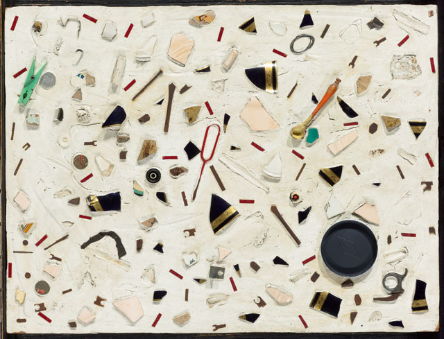 Niki de Saint Phalle. All Over, 1959-60. Objects in plaster on wood panel, 46 x 61 cm.