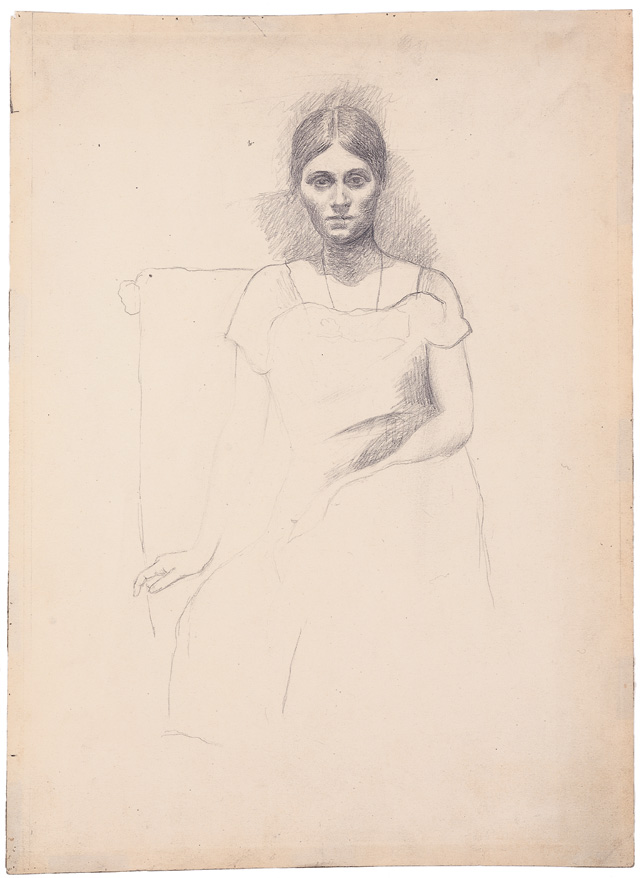 Pablo Picasso. Seated, autumn 1918. Pencil on paper, 14 3/8 × 10 13/16 in (36.5 × 27.5 cm). Private collection Courtesy, Fundación Almine y Bernard Ruiz-Picasso para el Arte. Photograph: Marc Domage © FABA © 2015 Estate of Pablo Picasso / Artists Rights Society (ARS), New York.