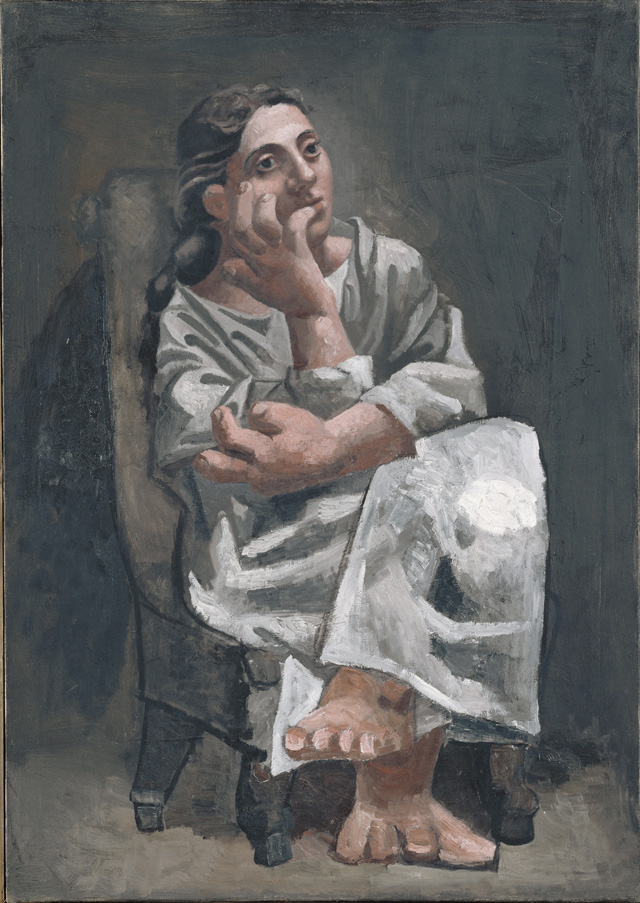 Pablo Picasso. Seated Woman, 1920. Oil on canvas, 36 1/4 × 25 9/16 in (92 × 65 cm). Musée Picasso, Paris, MP67. Photograph: J.G. Berizzi. © RMN-Grand Palais / Art Resource, NY. © 2015 Estate of Pablo Picasso / Artists Rights Society (ARS), New York.