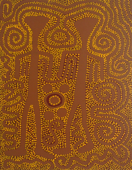 Jimmy Pike. Parnaparnti and Kurntimaru II (Yellow Goanna and Black Goanna). Synthetic polymer paint on canvas, 122 x 91 cm. Copyright the estate of the artist and Rebecca Hossack Art Gallery.