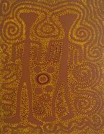Jimmy Pike. Parnaparnti and Kurntimaru II (Yellow Goanna and Black Goanna). Synthetic polymer paint on canvas, 122 x 91 cm. Copyright the estate of the artist and Rebecca Hossack Art Gallery.