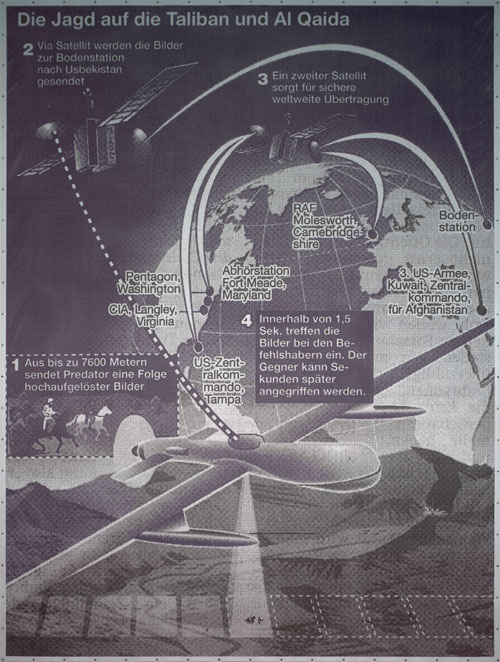 Sigmar Polke. The Hunt for the Taliban and Al Qaeda (Die Jagd auf die Taliban und Al Qaida), 2002. Digital print on tarpaulin, 21′ 4 5⁄16″ x 16′ 1 1⁄8″ (651 x 490.5 cm). Private Collection. © 2014 Estate of Sigmar Polke/ Artists Rights Society (ARS), New York / VG Bild-Kunst, Bonn.