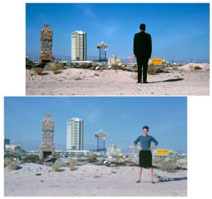 <p>Venturi, Scott Brown and Associates. <em>Robert Venturi and Denise Scott Brown in the Las Vegas desert with the strip in the background</em>, 1966.  © Venturi, Scott Brown and Associates.