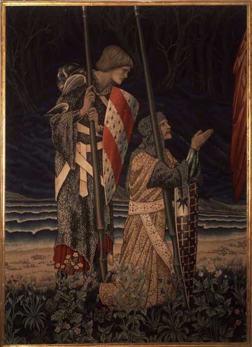 Sir Edward Coley Burne-Jones The Attainment: The Vision of the Holy Grail to Sir Galahad, Sir Bors and Sir Perceval, (detail) 1890-99. High-warp tapestry: wool and silk weft on cotton warp242 x 714 cm © Collection Lord Lloyd-Webber