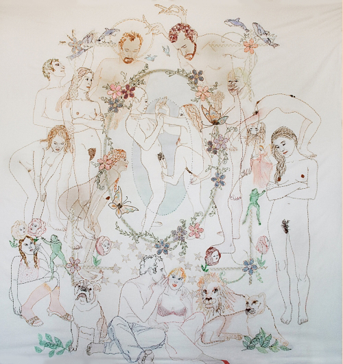 <strong>Orly Cogan</strong>.        <em>Second Nature, </em>2007. 
Hand-embroidered cotton and silk ribbon on queen-sized vintage bed linen. 
74 x 74 in. (188 x 188 cm). 
Collection of the artist. Photo: Daniel Mier