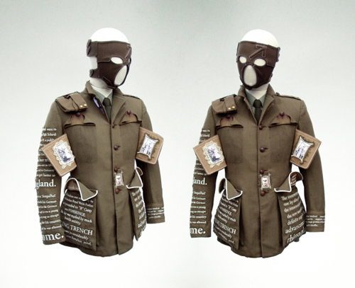 <strong>Paddy Hartley</strong>. <em>Spreckley I</em>, 2007. 
        Computer embroidered thread on wool and cotton, appliquéd inkjet print media, replica leather buttons, brass badges. 
        Overall: 36 x 22 x 13in. (91.4 x 55.9 x 33cm). 
    Collection of the artist. Photo: Paddy Hartley