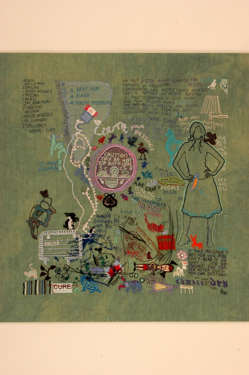 <strong>Tilleke Schwarz</strong>.
          <em>Count your Blessings</em>, 2003. 
        Hand-embroidered silk, cotton, and rayon yarn on dyed linen cloth, fabric, lace, textile paint. 
        26 3/8 x 25 3/16 in. (67 x 64 cm). 
      Collection of the artist. Photo: Rob Mostert
