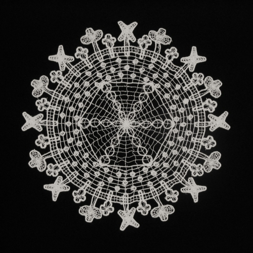 <strong>Laura Splan</strong>.        <em>Doily (Herpes), </em>2004. 
Computerized machine-embroidered rayon lace mounted on cotton velvet. 
8 x 8 in. (20.3 x 20.3 cm). 
Collection of the artist. Photo: Laura Splan