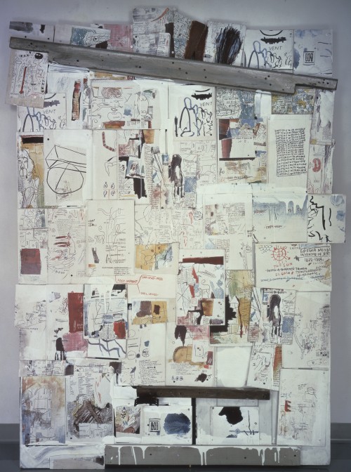 Jean-Michel Basquiat. Natchez, 1985. Acrylic, wood and colour xeroxes on plywood mounted on wooden doors, 85 x 60.63 x 4 in. Galerie Andrea Caratsch, Zurich. © The Estate of Jean-Michel Basquiat / ADAGP, Paris / ARS, New York 2014.