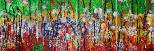 Ebony Patterson. In di Grass – beyond the bladez, 2014. Mixed media on paper, 40 x 120 in (2 parts; 40 x 30 in each). Courtesy the artist and Monique Meloche, Chicago.