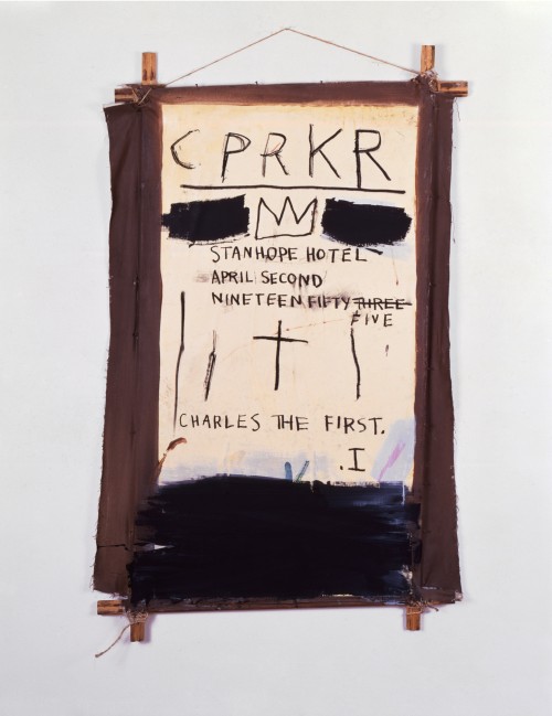 Jean-Michel Basquiat. CPRKR, 1982. Acrylic, oilstick and collage on canvas, mounted on wood, 60 x 40 in. Donald Baechler Collection, New York. © The Estate of Jean-Michel Basquiat / ADAGP, Paris / ARS, New York 2014.