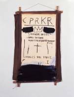 Jean-Michel Basquiat. CPRKR, 1982. Acrylic, oilstick and collage on canvas, mounted on wood, 60 x 40 in. Donald Baechler Collection, New York. © The Estate of Jean-Michel Basquiat / ADAGP, Paris / ARS, New York 2014.