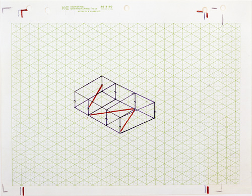 Fred Sandback. Untitled (Study for Kunstraum Munich), c1975. Felt tip pen, marker and pencil on isometric paper, 8 1/2 x 11 in (21.6 x 37.9 cm). Estate of Fred Sandback, Courtesy David Zwirner, New York/London.