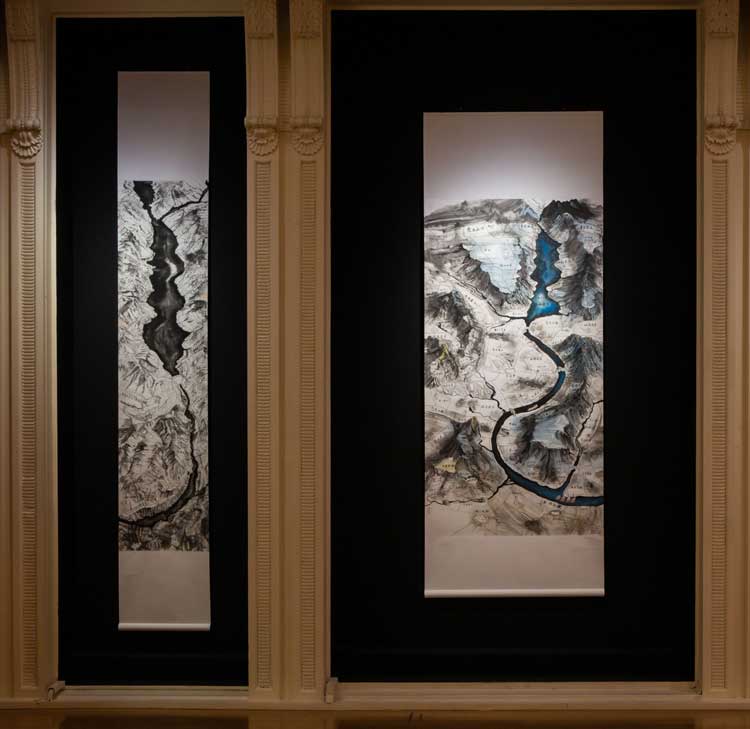Qiu Zhijie. Under the Sky I, 2022 (left). Installation view, Talbot Rice Gallery. Photo: Sally Jubb Photography, courtesy Talbot Rice Gallery.