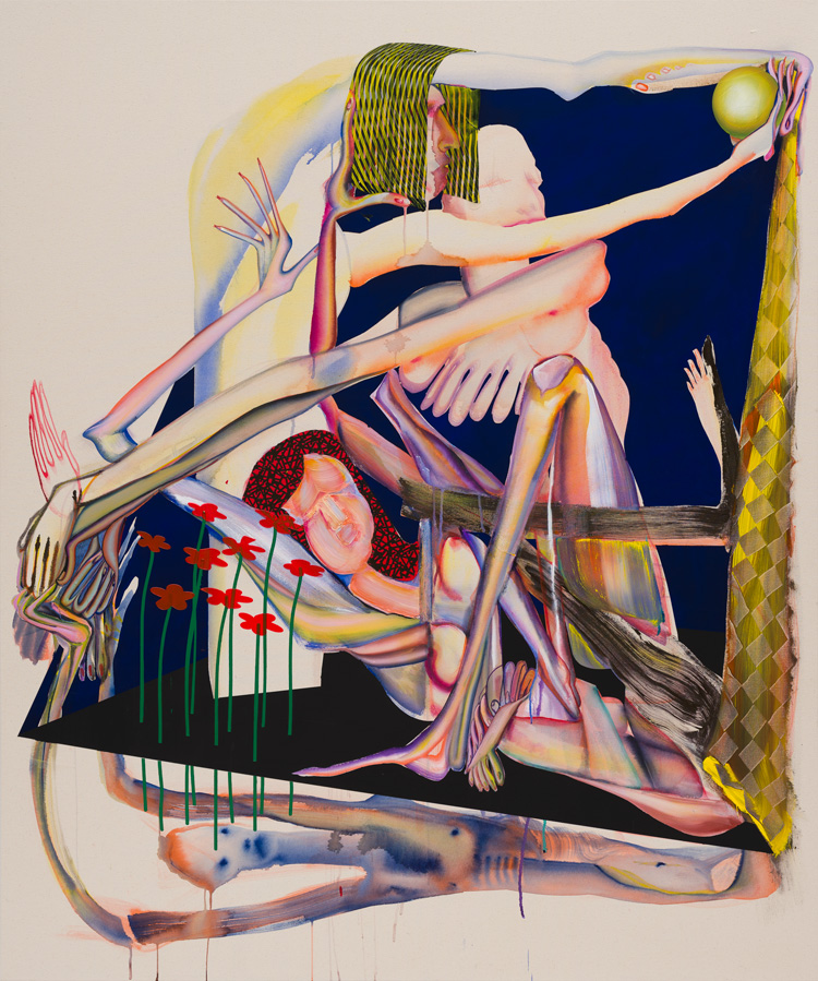 Christina Quarles. I'll Take Tha Nite Shift, 2020. Acrylic on canvas, 182.9 x 152.4 x 5.1 cm (72 1/8 x 60 x 2 in). Courtesy of the artist and Pilar Corrias, London. Photo: Fredrik Nilsen Studio.