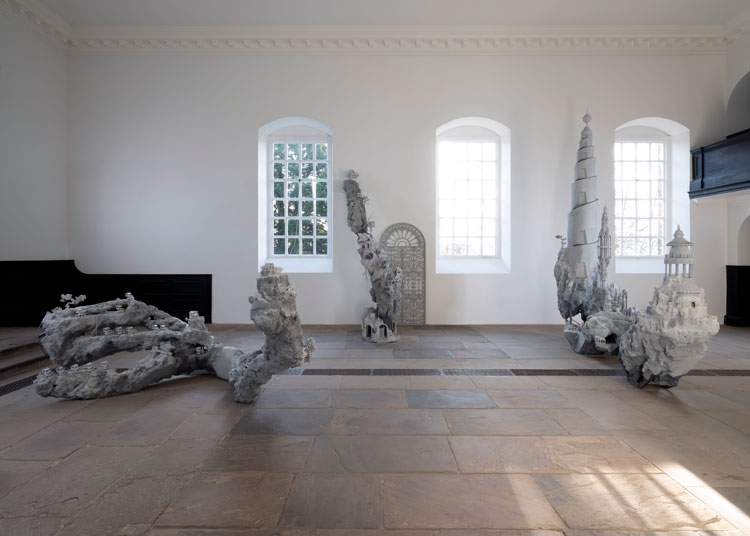 Saad Qureshi, Something About Paradise, 2019, and Gates of Paradise VI, 2019. Courtesy the artist and Yorkshire Sculpture Park. Photo © Jonty Wilde.