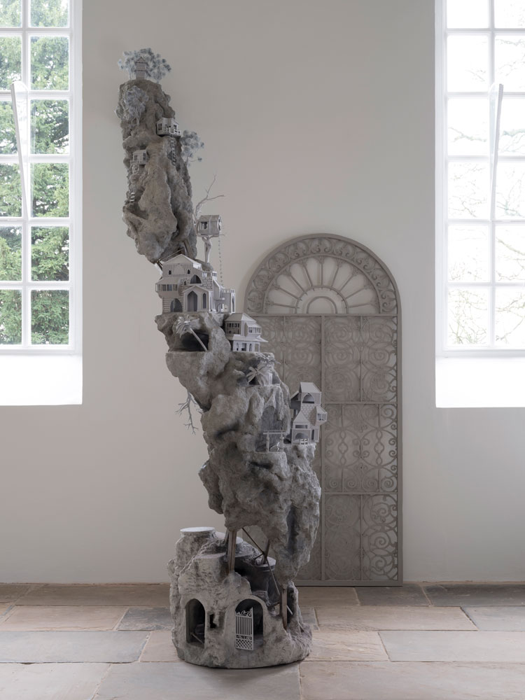 Saad Qureshi, Something About Paradise, 2019 (detail), and Gates of Paradise, 2019. Courtesy the artist and Yorkshire Sculpture Park. Photo © Jonty Wilde.