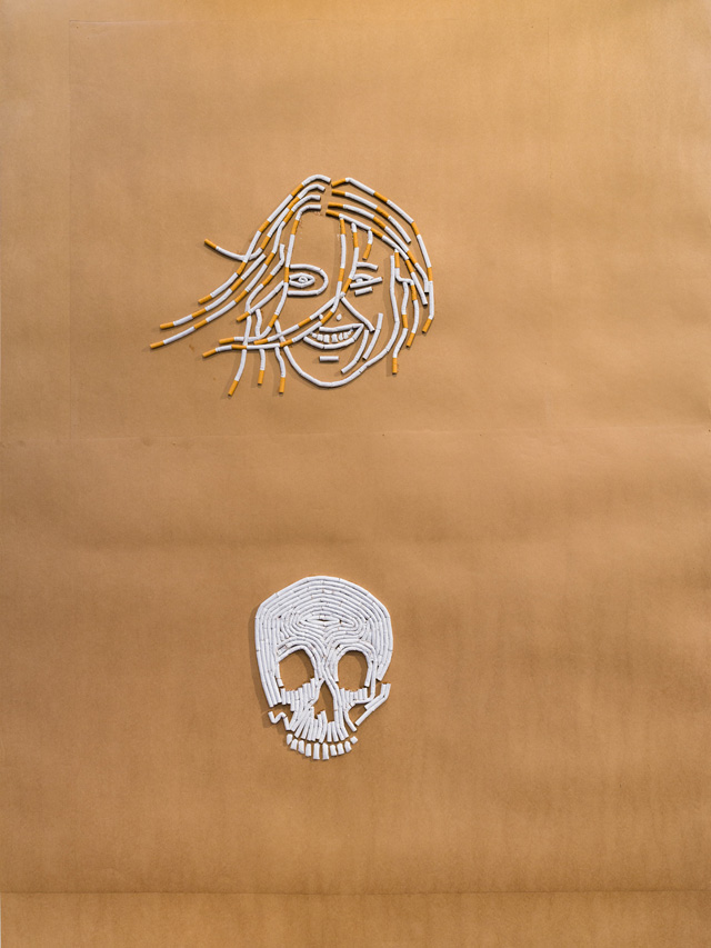 Sarah Lucas. In the words of Sexton Ming Just remember when you smile there’s a skull in there, 2018. Brown paper, cigarettes. © Sarah Lucas, courtesy Sadie Coles HQ, London.