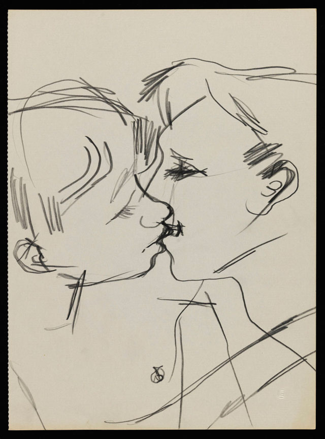 Keith Vaughan. Drawing of two men kissing, 1958–73. Graphite on paper, 28 x 20.5 cm. Tate Archive, © DACS, The Estate of Keith Vaughan.