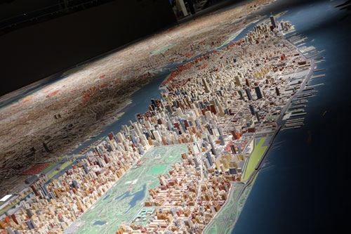 Panorama. 9,335 sq ft model of all five boroughs of the City of New York, 1:1,200 scale, wood, plastic, paper and brass. The model was originally commissioned by the legendary Robert Moses for the 1964 World’s Fair. Photograph: Miguel Benavides.