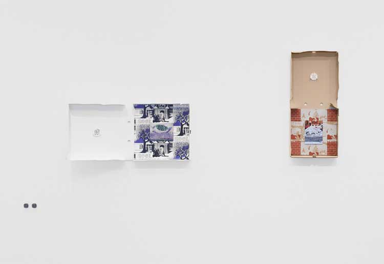 Magali Reus, two works from the Subs series,(2026). Laser-cut, folded, hand-hammered, sprayed and manipulated powder-coated aluminium; screen-printed powder-coated aluminium; c-print mounted on aluminium; sprayed, sanded and waxed polyester. Varied dimensions. Installation view at The Perimeter. © Magali Reus. All works courtesy of the Artist, The Approach, London; Tanya Bonakdar Gallery, NYC, USA; Galerie Greta Meert, Brussels; Mai 36 Galerie, Zurich. Photo: Eva Herzog.