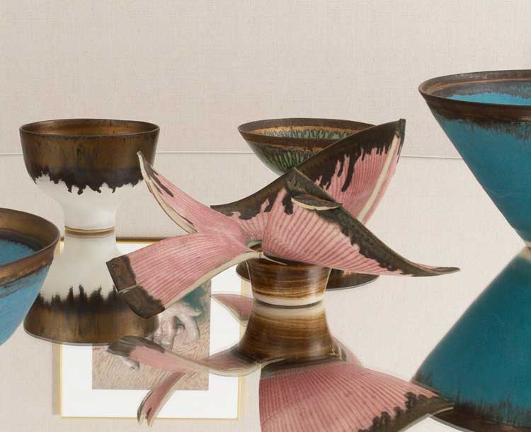 Centre: Lucie Rie, Pink Footed Bowl, Split During Firing, c1980. Installation view, Lucie Rie / Hans Coper: Life at the Wheel, Offer Waterman. Courtesy of Offer Waterman. Photo: David Gerrans.
