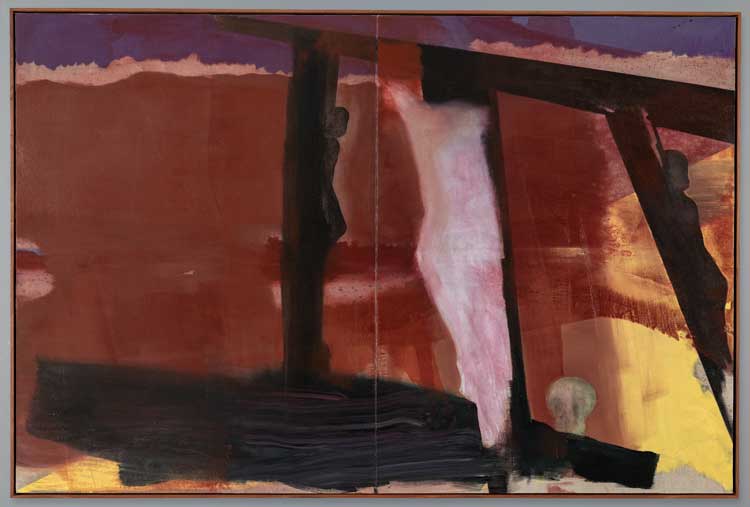 Pedro Cabrita Reis. XIV Passos, 2025. XII/XIV, Jesus in cruce moritur (dies on the cross). Oil on raw canvas, 200 x 300 cm (diptych: 200 × 150 cm each). Photo: João Ferrand.