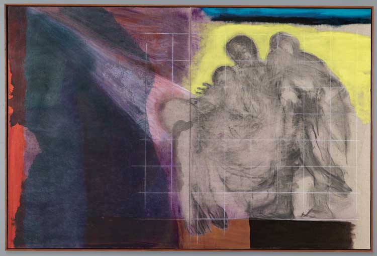 Pedro Cabrita Reis. XIV Passos, 2025. XIV/XIV, Jesus in sepulcro ponitur (entombment). Oil on raw canvas, 200 x 300 cm (diptych: 200 × 150 cm each). Photo: João Ferrand.